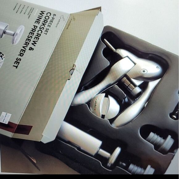 NEW 6 PIECE WINE PRESERVER + CORKSCREW silver stainless matching SET RABBIT NWT - Picture 4 of 6